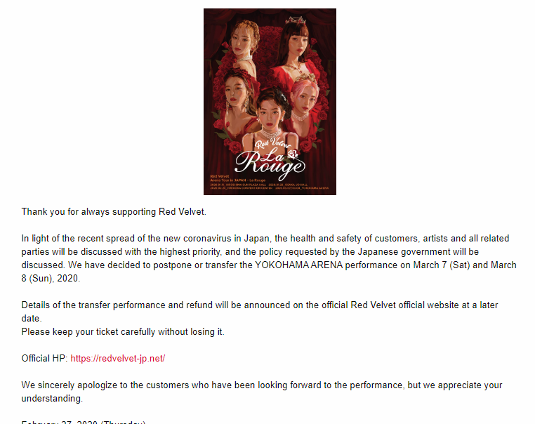 Announcement Red Velvet Cancel Tour