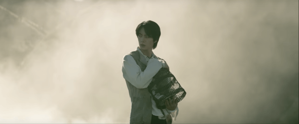 Jin is protecting the dove he found in the beginning of the MV