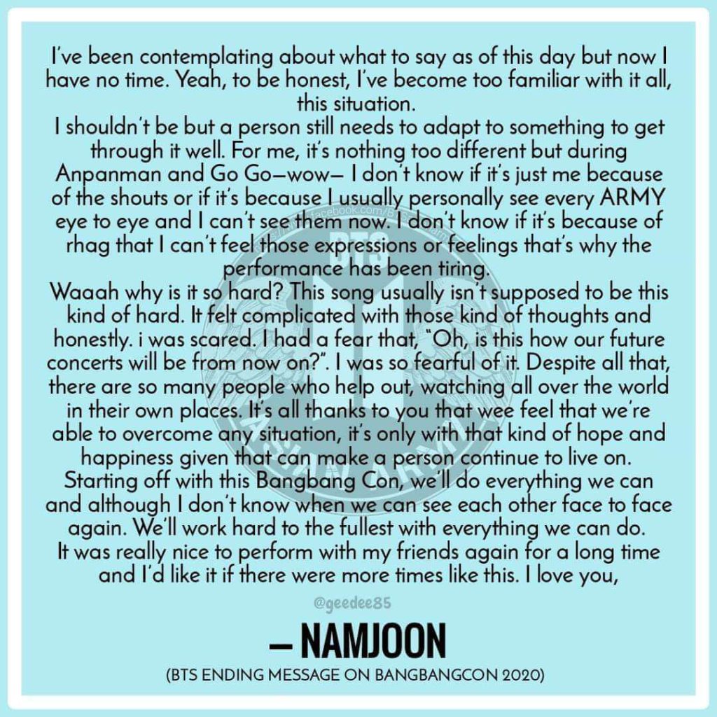 BTS RM Kim Namjoon message after BangBangCon The Live
