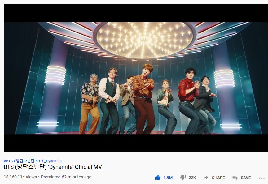 BTS Dynamite MV hit 18 million views in one hour