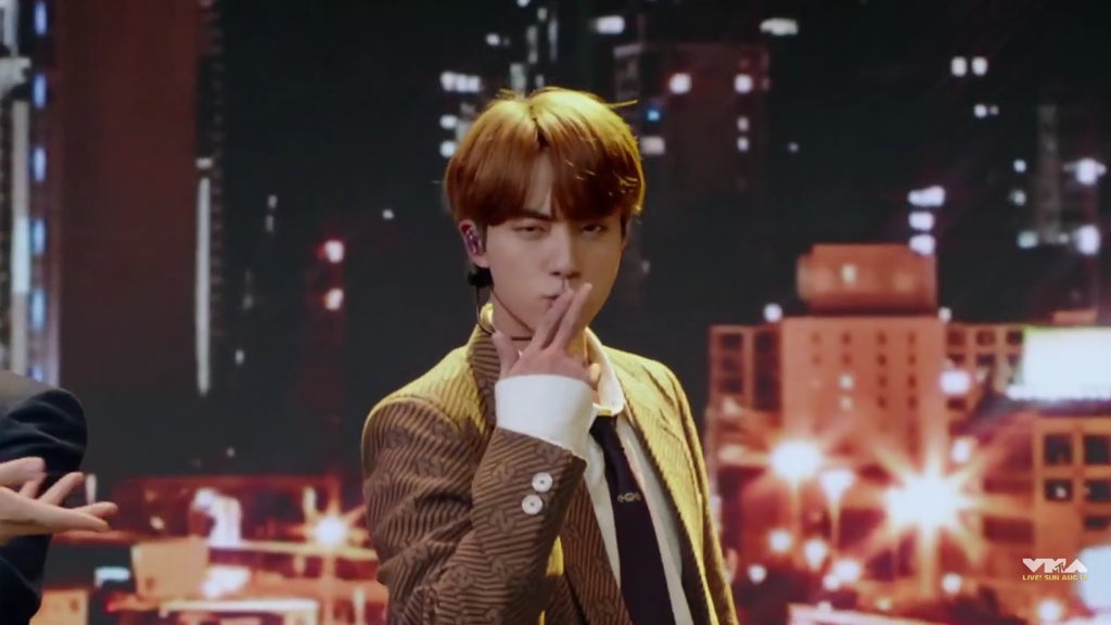 Jin in brown suit, BTS in VMAs performance