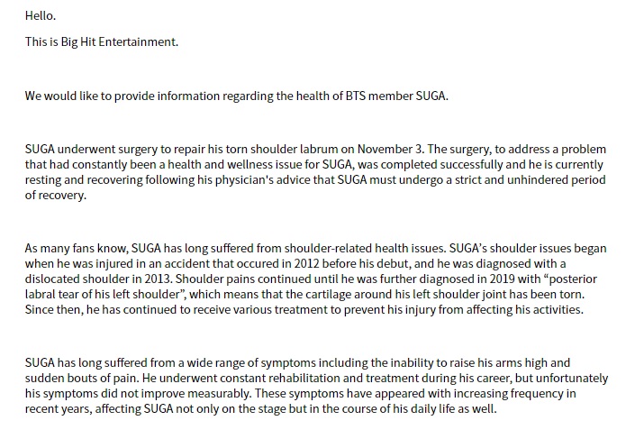 Big Hit Statement about BTS Suga post-surgery