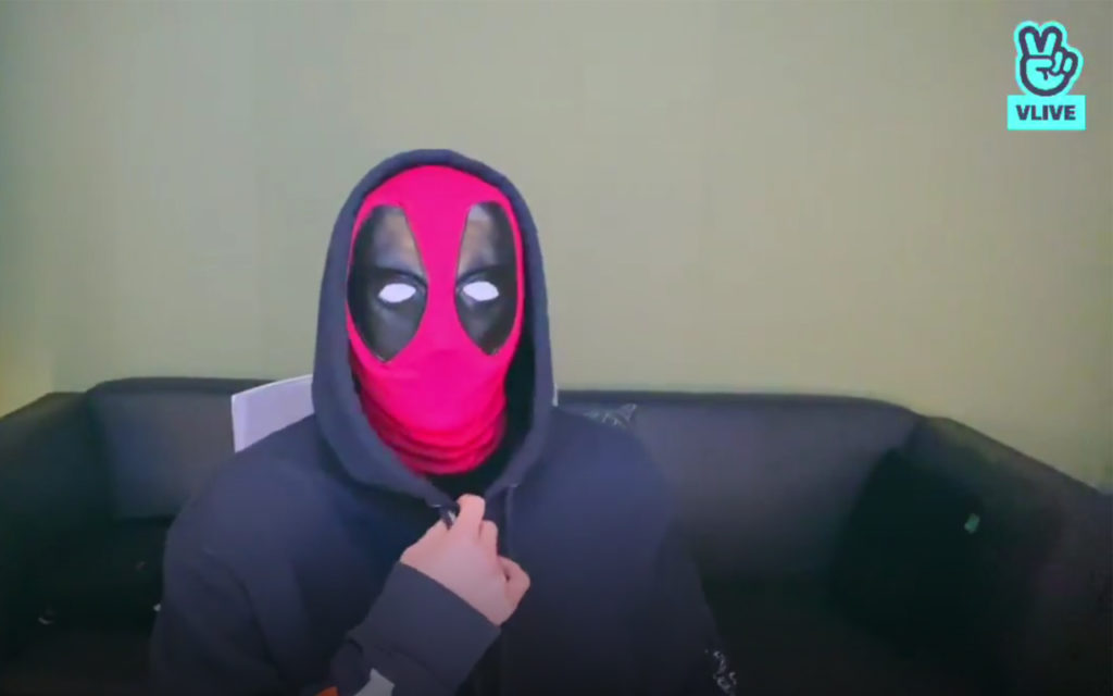 Bang Chan LIVE on V LIVE wearing Deadpool costume.