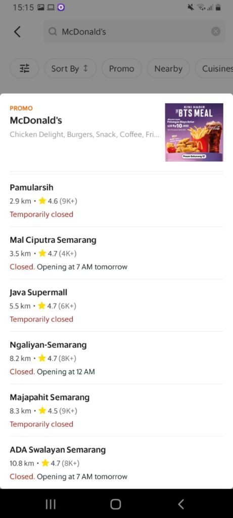 McDonald's online stores on GoJek app are closed