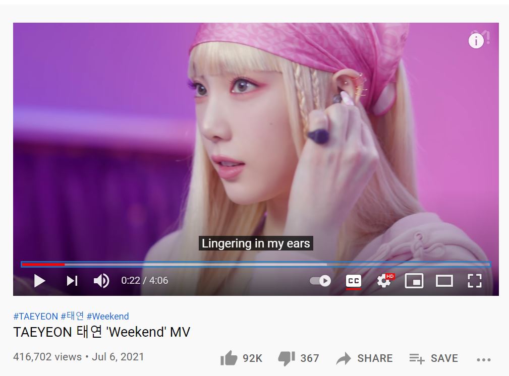 Taeyeon’s ‘Weekend’ MV has surpassed 400k views and 92k likes on YouTube.