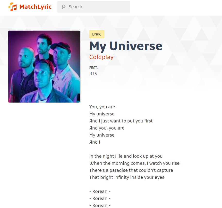 Coldplay’s “My Universe” on MatchLyric.