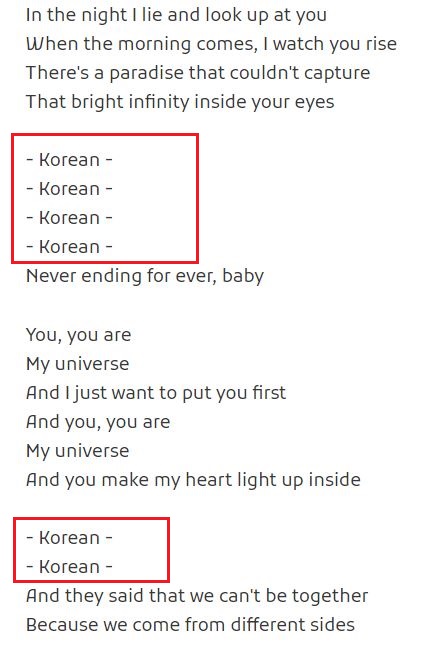 Korean parts on “My Universe” lyric.