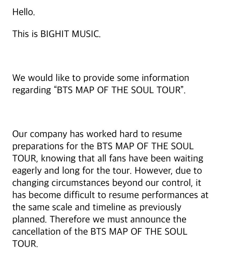 BTS Map of the Soul Cancelled, BIGHIT MUSIC official statement