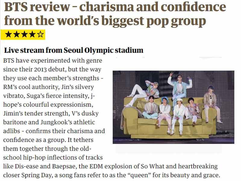 “The Guardian” praised all BTS members performance at PTD on Stage. | The Guardian