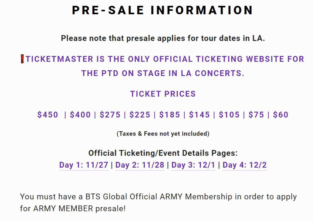 Ticketmaster is the official site for the BTS LA Concert ticket sale. Image credit: usbtsarmy.com.