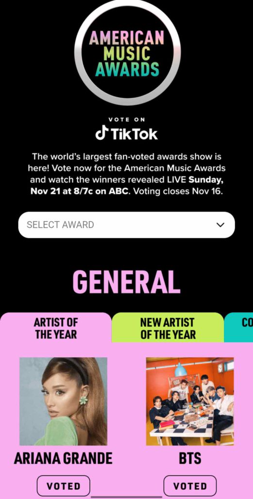 AMAs Voting Page Selection on TikTok