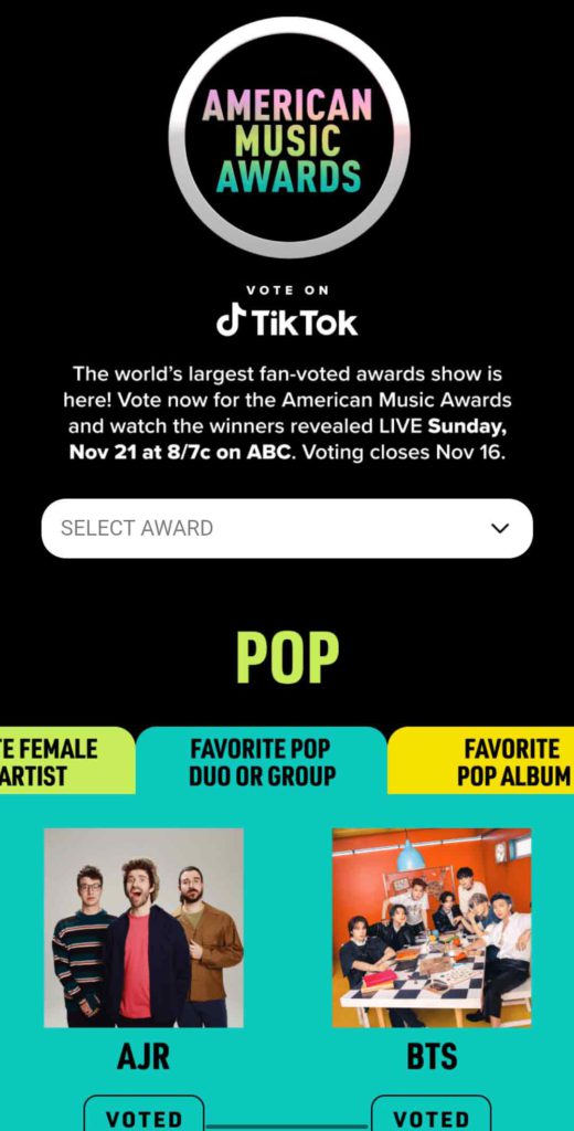 AMAs POP Voting Page on TikTok