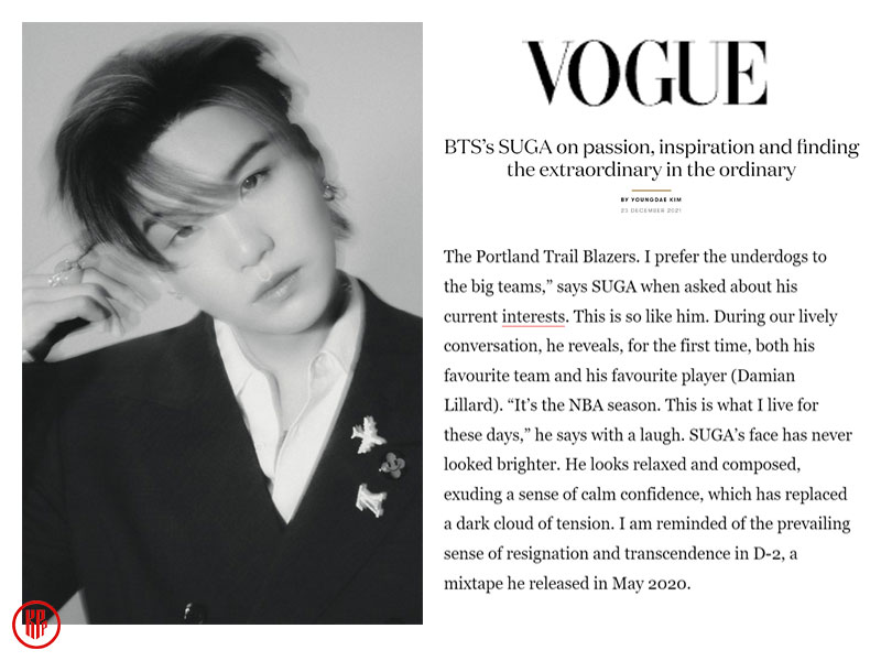 BTS Suga Interview with VOGUE Magazine. | VOGUE