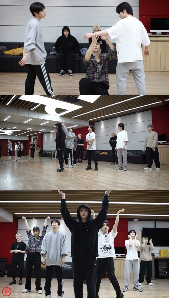Hyunjin and Lee Know directing the dance practice for “MANIAC”.