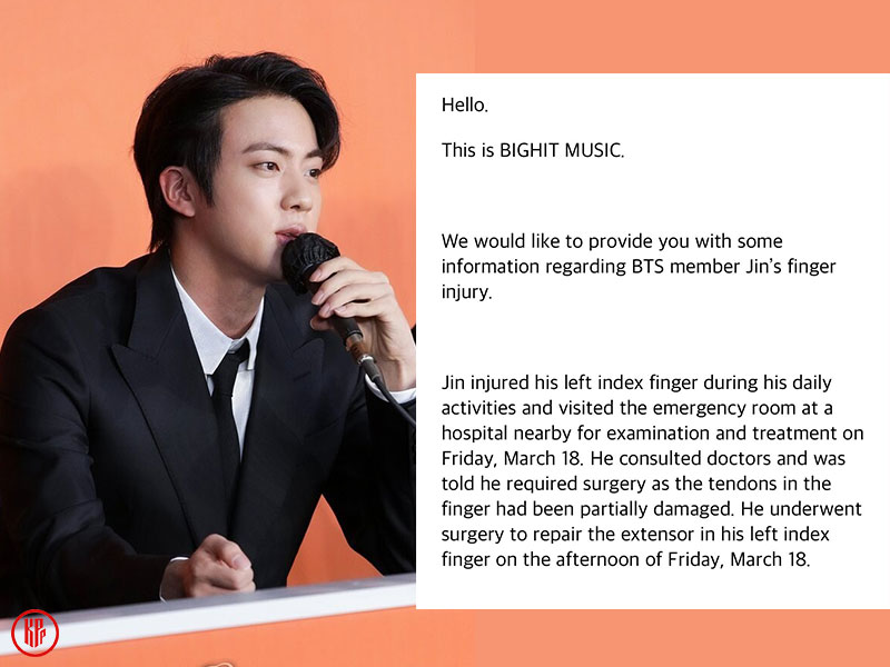 BTS Jin injured his fingers – BIGHIT MUSIC official statement. | Twitter