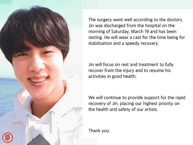 BTS Jin is recovering from his surgery – BIGHIT MUSIC Official Statement. | Twitter