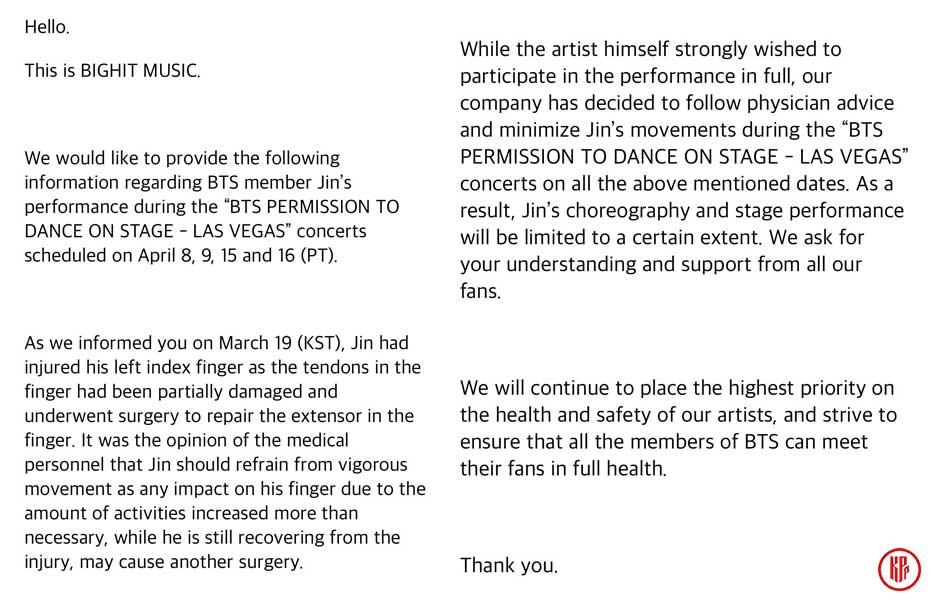 BIGHIT Official Statement about BTS Jin Injury and “Permission to Dance (PTD) in Stage” in Las Vegas. | Twitter