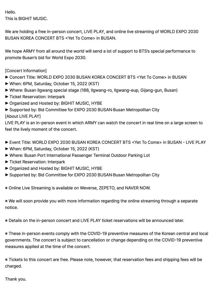 BTS Announces Date For Huge Free Concert