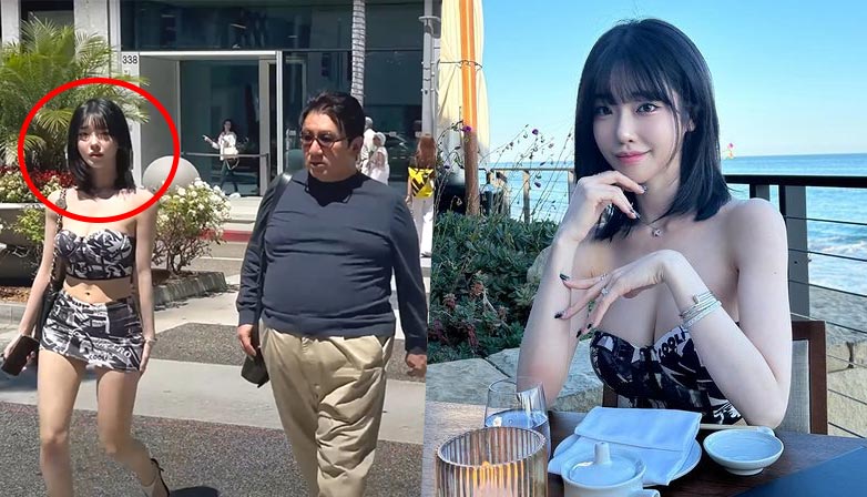 Bang Si Hyuk walking in Beverly Hills with AfreecaTV BJ Juice Seyeon. | YouTube