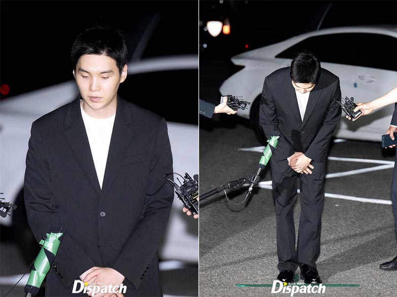 BTS Suga bowing before entering the police station. | Dispatch