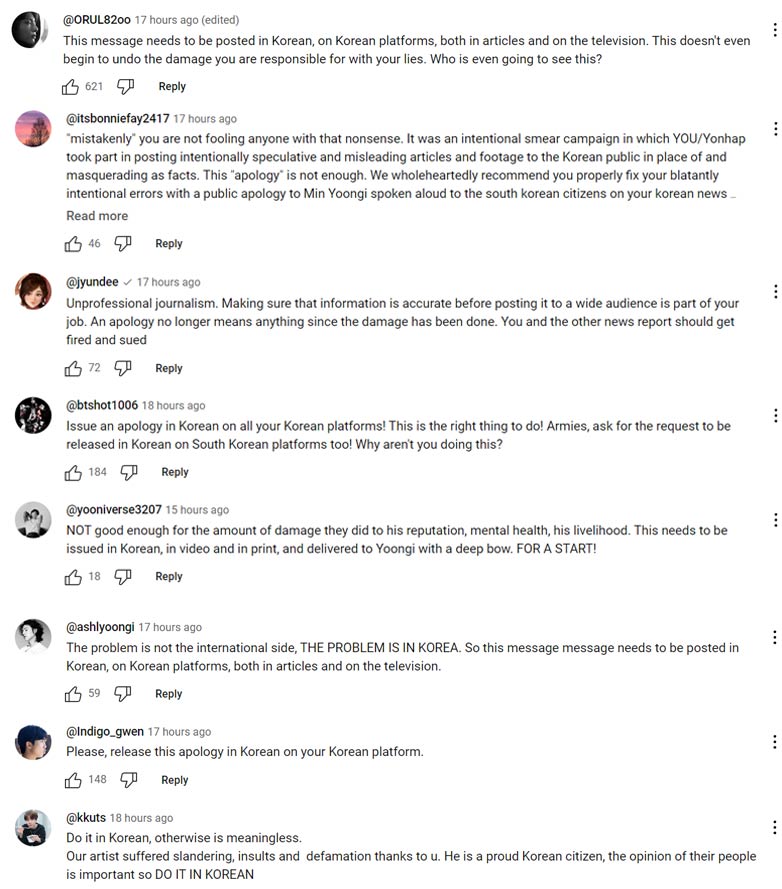 Netizens comment on Yonhap’s apology post in KOREA NOW. | YouTube 