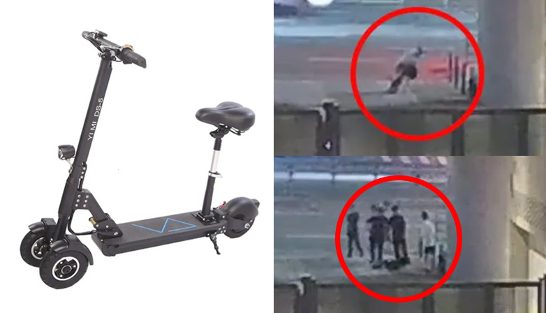 A foldable electric kickboard with a seat (left) & BTS Suga in CCTV (right). | Multiple sources