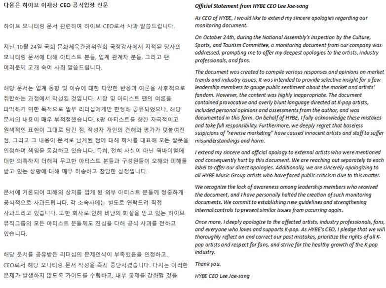 HYBE CEO Lee Jae Sang apology statement. | Newsen