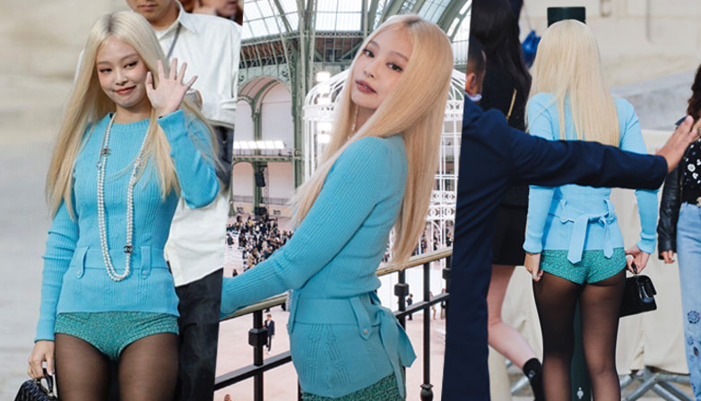 BLACKPINK Jennie with blue outfits and blonde hair for 2024 Paris Fashion Week. | Kpopping