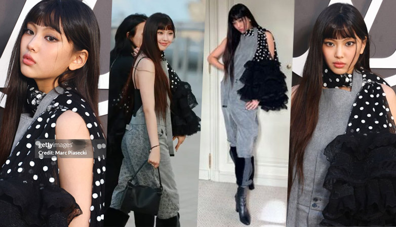 NewJeans Hyein wearing Louis Vuitton outfits at 2024 Paris Fashion Week. | Multiple sources