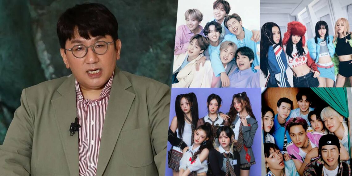 HYBE’s Chairman Bang Si Hyuk and Kpop idols.| Multiple sources.