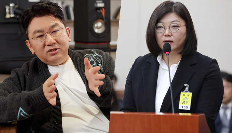 HYBE Chairman Bang Si Hyuk and ADOR CEO Kim Ju Young. | Multiple Sources