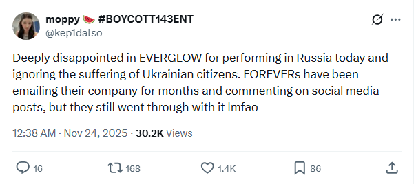 EVERGLOW Russia concert backlash ukraine fans