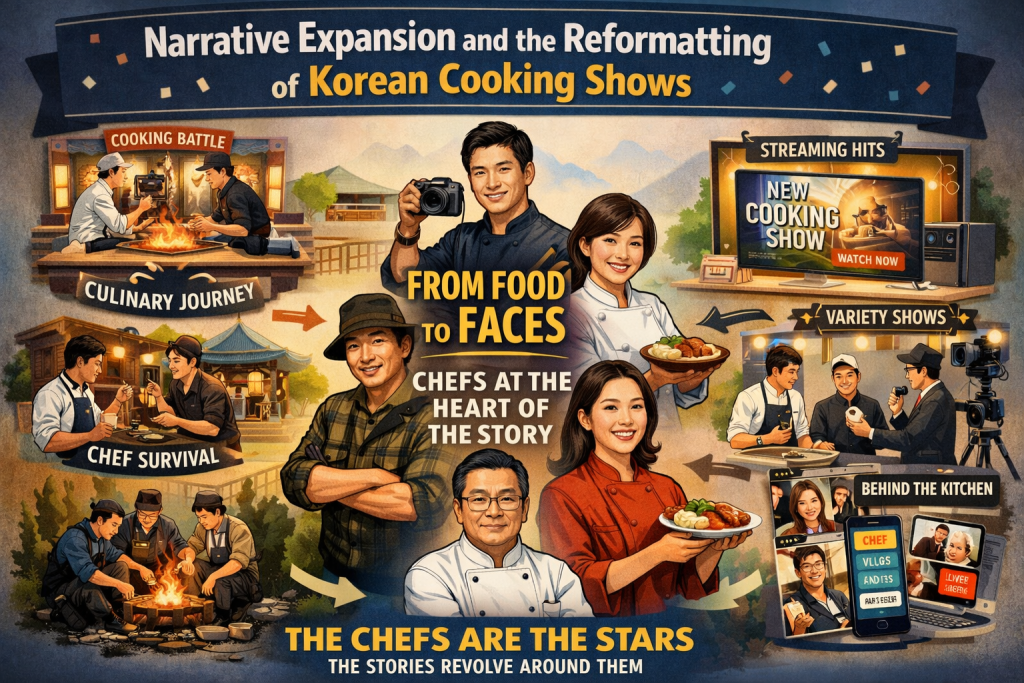 Illustration of Narrative Expansion and the Reformatting of Korean Cooking Shows | Created by AI