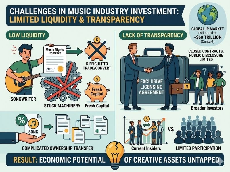 Challenges in the Digital Economy: Limited Liquidity and Transparency in Music Industry Investment | Created by AI