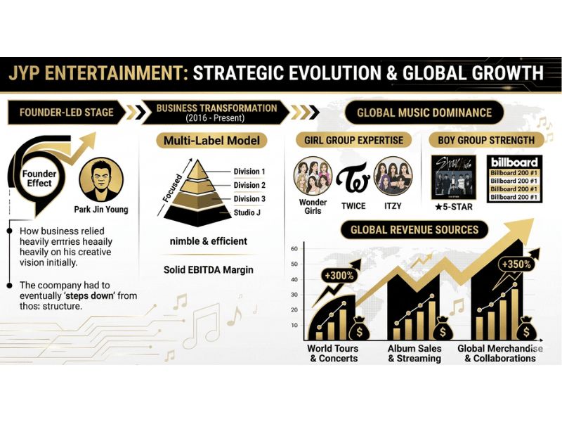 Illustration of the strategic evolution and global growth of JYP Entertainment | Created by AI